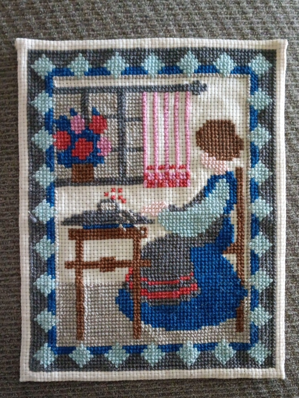 Hand-Embroidered Blue Needlework Wall Art